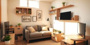 Spațiu mic organizat eficient cu mobilier multifunctional.