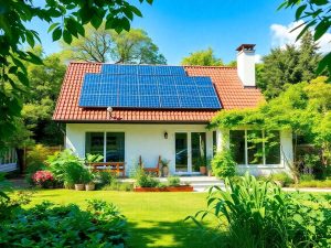 Casa verde cu panouri solare și grădină de legume.