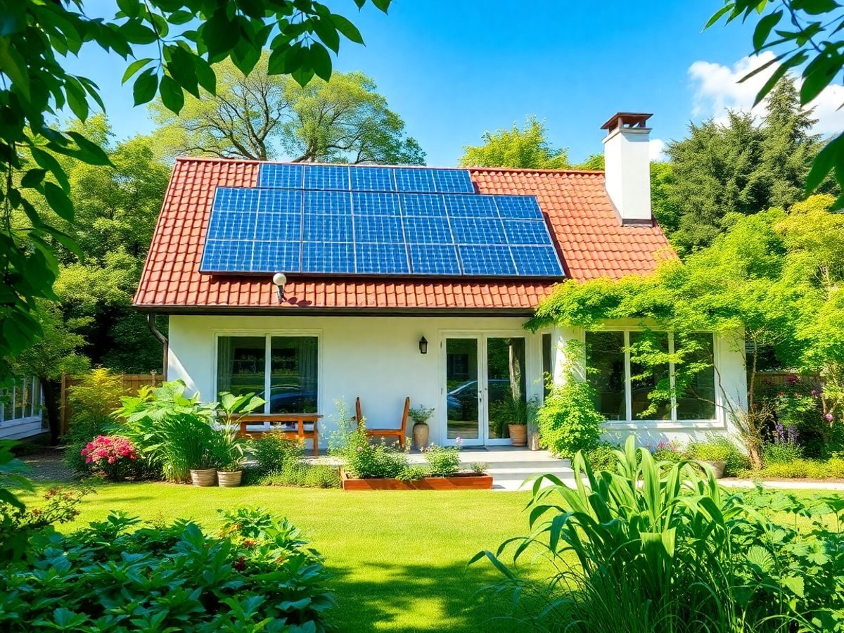 Casa verde cu panouri solare și grădină de legume.