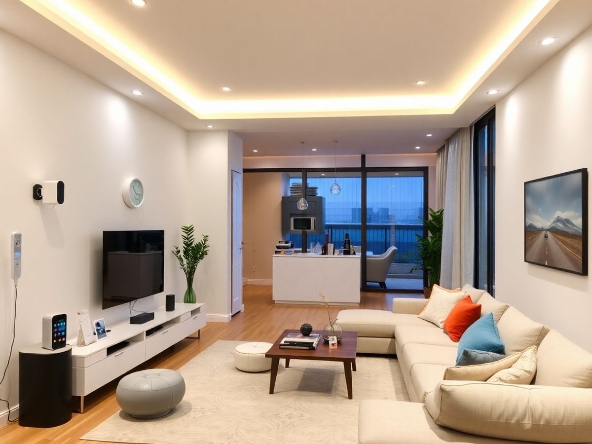 Casă modernă cu dispozitive inteligente și design minimalist.