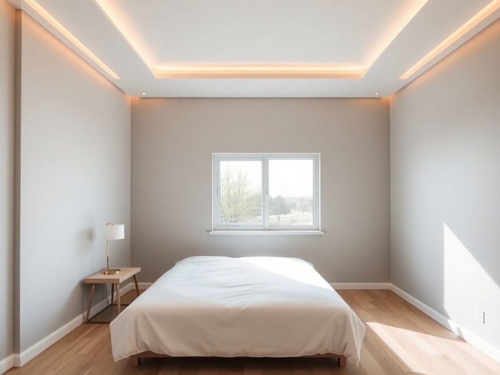 Dormitor modern, pat minimalist, iluminat ambiental relaxant.