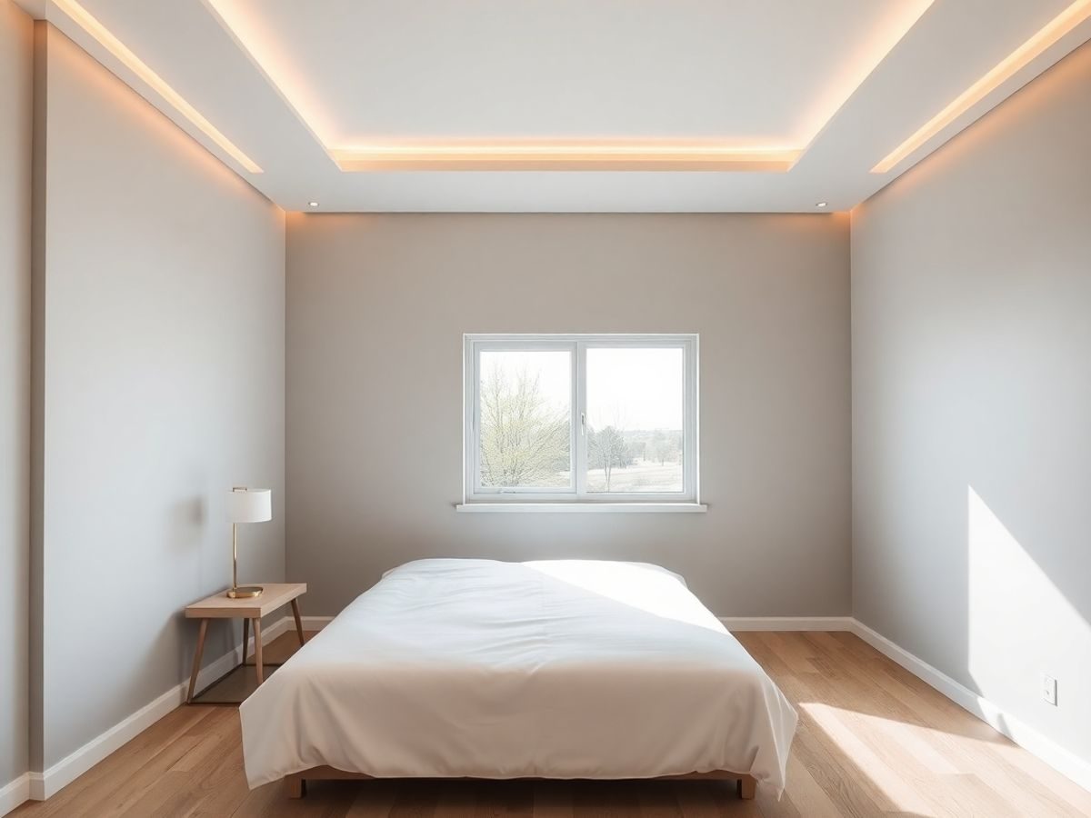 Dormitor modern, pat minimalist, iluminat ambiental relaxant.