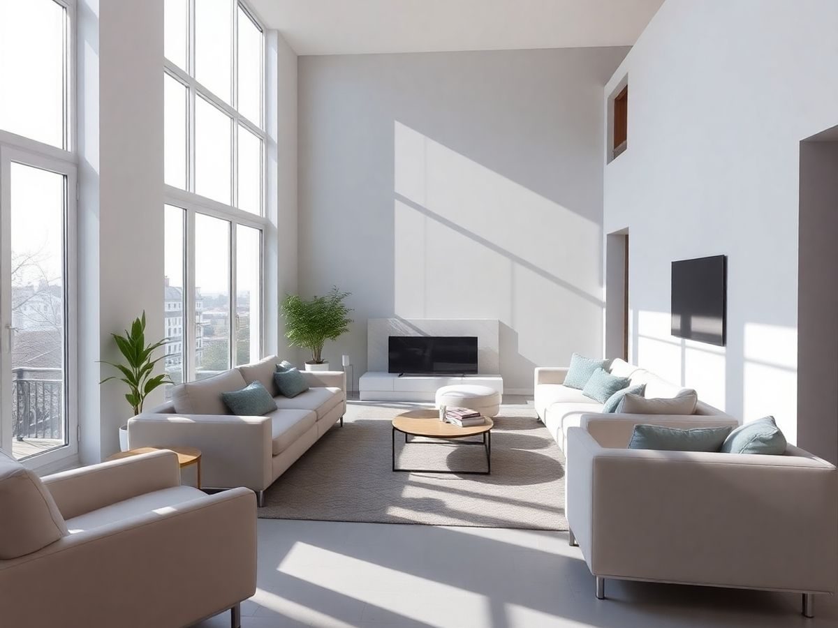 Interior modern cu design minimalist și mobilier funcțional.