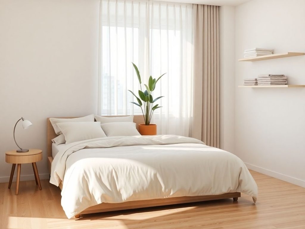 Dormitor modern cu pat aerisit, rafturi minimaliste, lampă și plantă