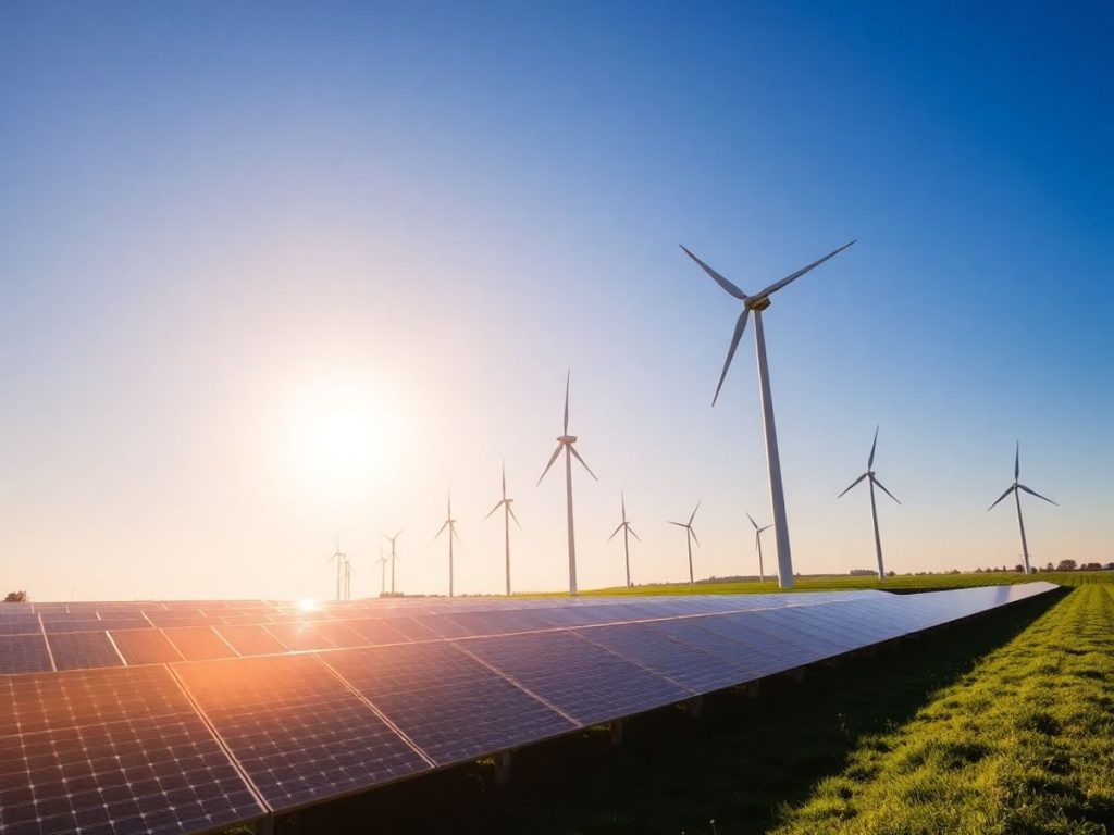 Plante solare și turbine eoliene în peisaj natural.