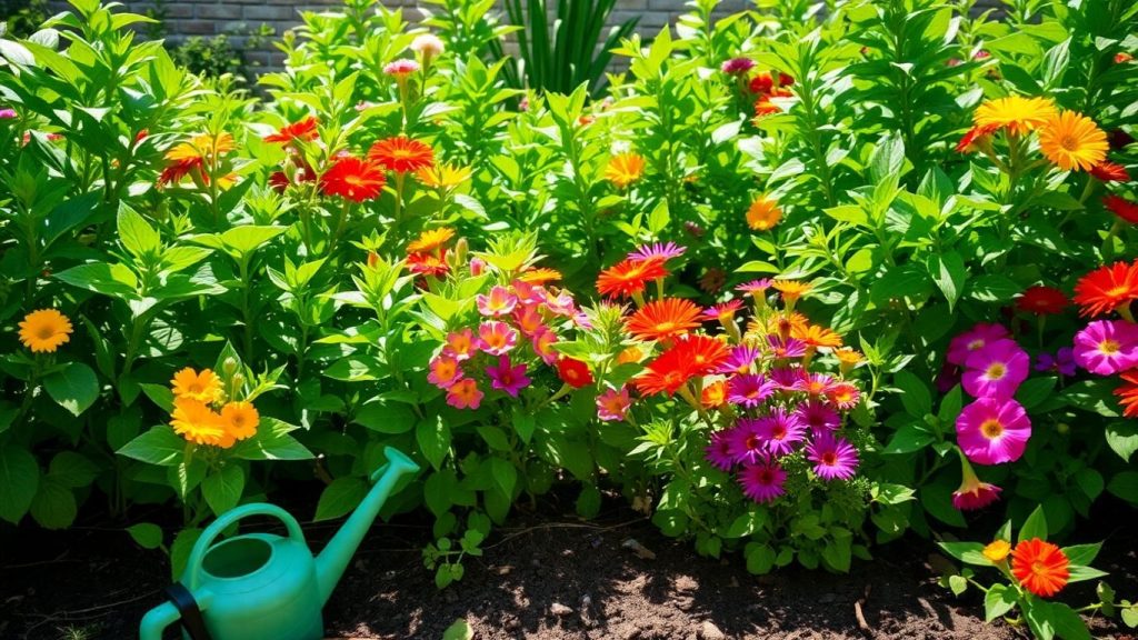 Grădină sănătoasă cu plante verzi și flori colorate.