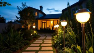 Home Living 13 Lămpi solare moderne iluminează o alee grădină la apus.
