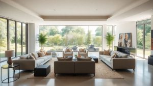 Living modern în formă de L cu mobilier elegant.