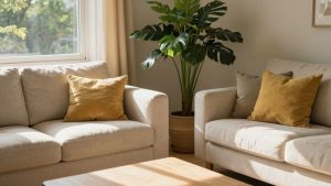 Camera de zi cu lumină caldă și plante verzi.